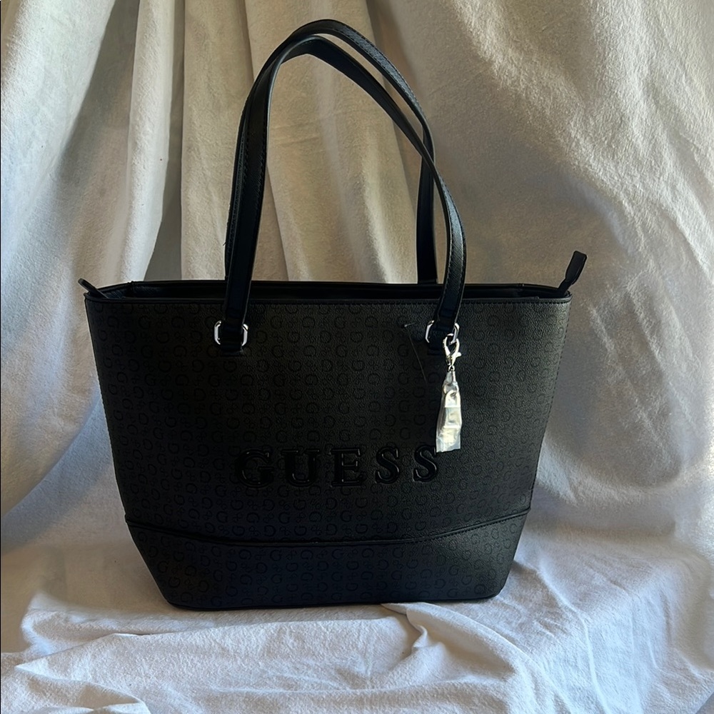Guess Black Textured Tote with Leather Handles
